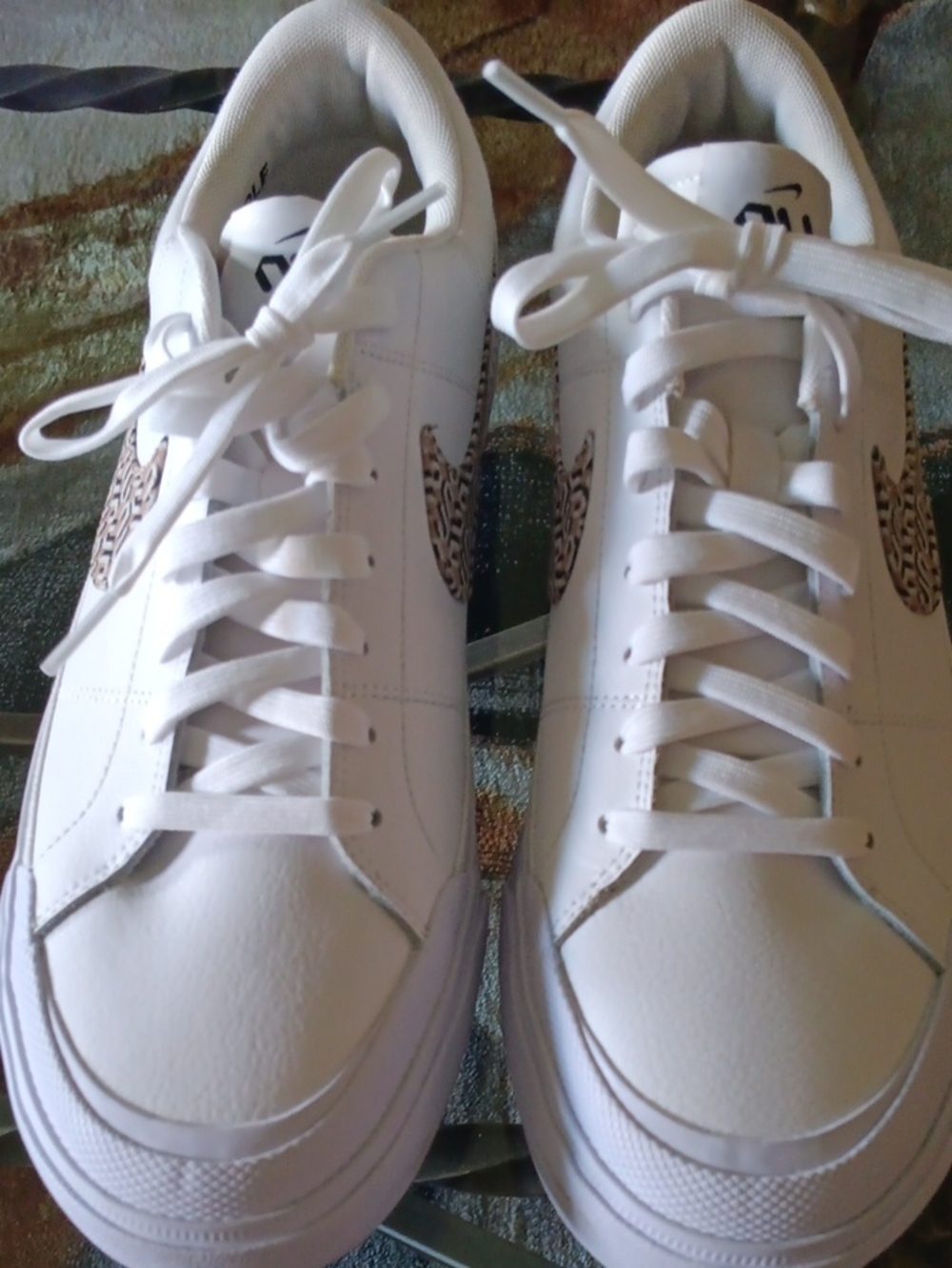 Nike Women's White Sneakers with Leopard Swoosh